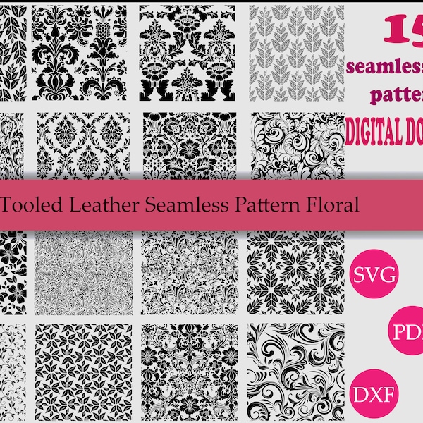 15 Tooled Leather Seamless Pattern Floral Svg Bundle, Floral Pattern Svg, Western pattern Svg Bundle, digital pattern transparent background