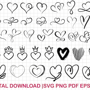 May include: A digital download of 40 different heart-shaped designs. The hearts are drawn in a variety of styles, including simple, ornate, and whimsical. The designs are perfect for use in crafting, scrapbooking, and other creative projects.
