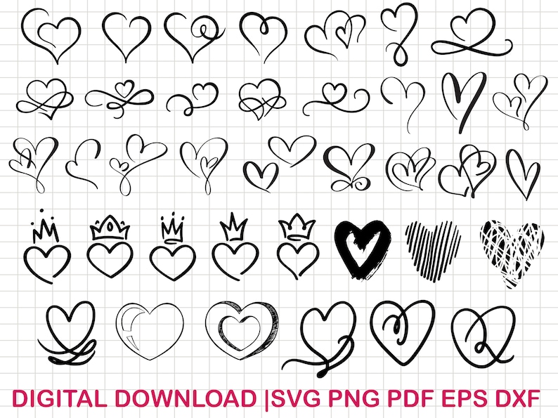 May include: A digital download of 40 different heart-shaped designs. The hearts are drawn in a variety of styles, including simple, ornate, and whimsical. The designs are perfect for use in crafting, scrapbooking, and other creative projects.