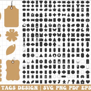 May include: A collection of over 300 tag designs in various shapes and styles, including floral, angel, and geometric forms. The tags are in a kraft paper color, with a variety of black silhouette designs. The image includes the text "+300 TAGS DESIGN | SVG PNG PDF EPS DXF".