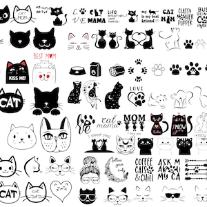 以下が含まれることがあります： 白黒の猫をテーマにしたイラストとグラフィックのコレクション。画像には、さまざまなポーズの猫、足跡、および「Cat Mom」、「Best Mom」、「Love」、「Meow」、「Good Morning」などのテキストが含まれています。