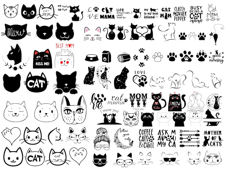 以下が含まれることがあります： 白黒の猫をテーマにしたイラストとグラフィックのコレクション。画像には、さまざまなポーズの猫、足跡、および「Cat Mom」、「Best Mom」、「Love」、「Meow」、「Good Morning」などのテキストが含まれています。