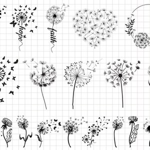 May include: Black and white line art illustrations of dandelion seeds blowing in the wind. The illustrations include the words "love", "hope", and "faith".