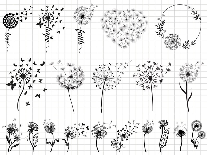May include: Black and white line art illustrations of dandelion seeds blowing in the wind. The illustrations include the words "love", "hope", and "faith".