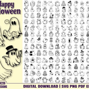 以下が含まれることがあります： 様々なテーマ、アクセサリー、ポーズを描いた220種類の白黒の幽霊のイラストのデジタルコレクション。上部に「Happy Halloween」の文字があり、下部に「Ghost Bundle X220 Designs」および「Digital Download SVG PNG PDF EPS DXF」と記載されています。