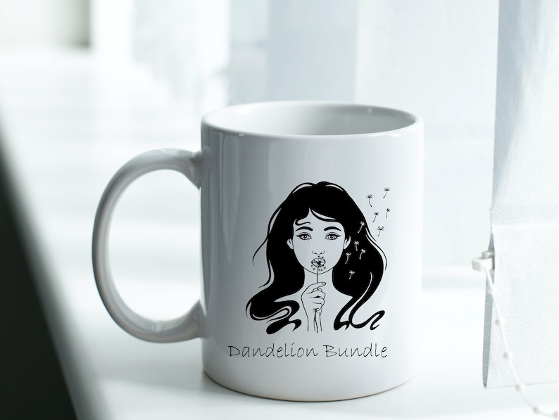 May include: White ceramic mug featuring a black and white illustration of a woman blowing on a dandelion. The text "Dandelion Bundle" is printed on the mug.