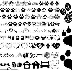 Pu&ograve; includere: Una collezione di illustrazioni in bianco e nero a tema animali domestici. I disegni includono impronte di zampe, cuori, cucce, ciotole, ossa e la parola "Love". Le illustrazioni sono adatte a vari progetti creativi.