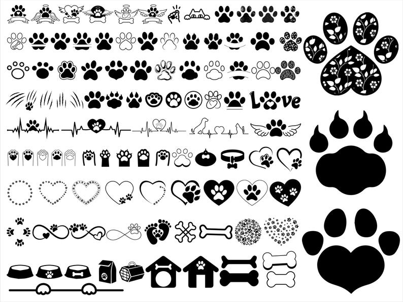 Pu&ograve; includere: Una collezione di illustrazioni in bianco e nero a tema animali domestici. I disegni includono impronte di zampe, cuori, cucce, ciotole, ossa e la parola "Love". Le illustrazioni sono adatte a vari progetti creativi.