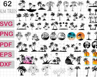 May include: A set of 62 black and white palm tree SVG, PNG, PDF, EPS, and DXF files. The palm trees are in various styles and sizes, including some with a hammock, a car, and a wave.
