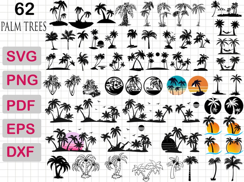 Puede incluir: Un conjunto de 62 archivos SVG, PNG, PDF, EPS y DXF de palmeras en blanco y negro. Las palmeras son de varios estilos y tama&ntilde;os, incluyendo algunas con una hamaca, un coche y una ola.