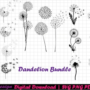 May include: A set of 38 black and white dandelion illustrations. The illustrations are in various stages of bloom, with some showing the seeds blowing in the wind. The text "Dandelion Bundle" is written in purple at the bottom of the image.
