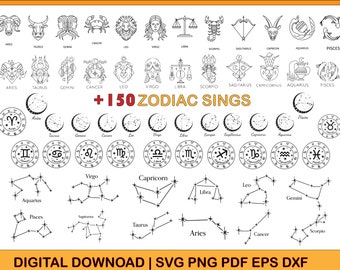 Zodiac Signs SVG Bundle, Horoscope SVG Bundle, Celestial Star Sign SVG, Zodiac Constellation Svg, Zodiac Signs Clipart Png, Horoscope Gift