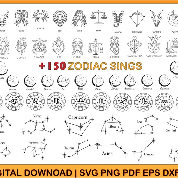 Pacote de signos do zodíaco SVG, Pacote de horóscopo SVG, Signo celestial SVG, Constelação do zodíaco Svg, Signos do zodíaco Clipart Png, Presente de horóscopo