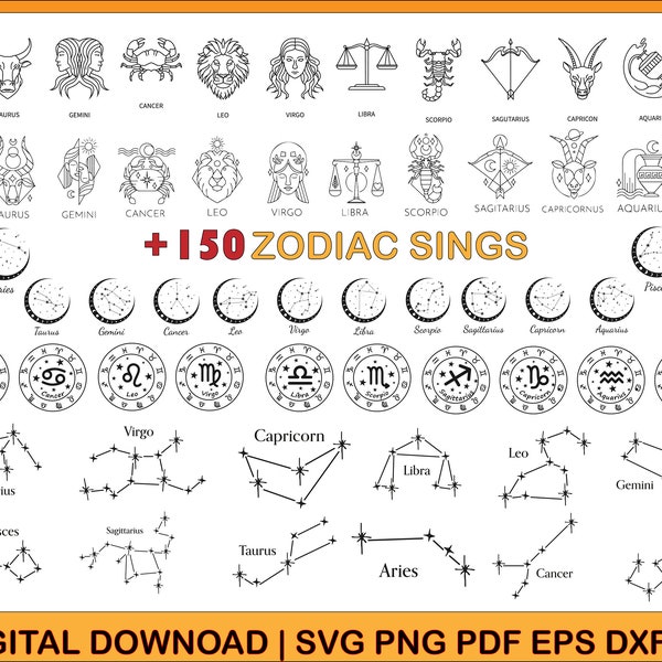 Zodiac Signs SVG Bundle, Horoscope SVG Bundle, Celestial Star Sign SVG, Zodiac Constellation Svg, Zodiac Signs Clipart Png, Horoscope Gift