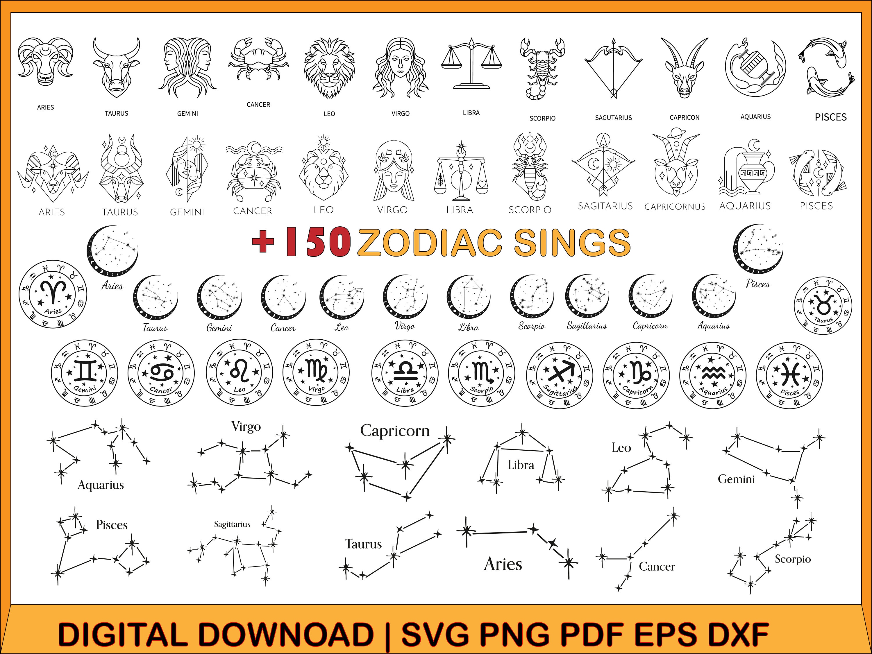 Zodiac Signs SVG Bundle Horoscope SVG Bundle Celestial Star Etsy