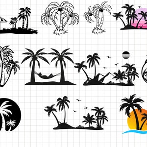 Puede incluir: Una colecci&oacute;n de ilustraciones en silueta en blanco y negro de palmeras. Algunas ilustraciones incluyen una hamaca, una puesta de sol, una playa y la palabra "PALMA".