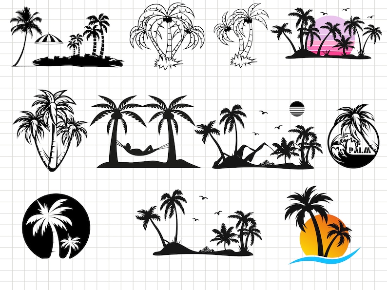 Puede incluir: Una colecci&oacute;n de ilustraciones en silueta en blanco y negro de palmeras. Algunas ilustraciones incluyen una hamaca, una puesta de sol, una playa y la palabra "PALMA".