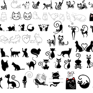 以下が含まれることがあります： 様々なポーズとスタイルの白黒の猫のイラストの集まりです。猫の中には首輪をしているもの、ハートを持っているもの、毛糸玉を持っているものがあります。画像の上部には黒い文字で「猫」と書かれています。猫の中には「愛してる」や「今日はダメ」などの文字が書かれているものもあります。