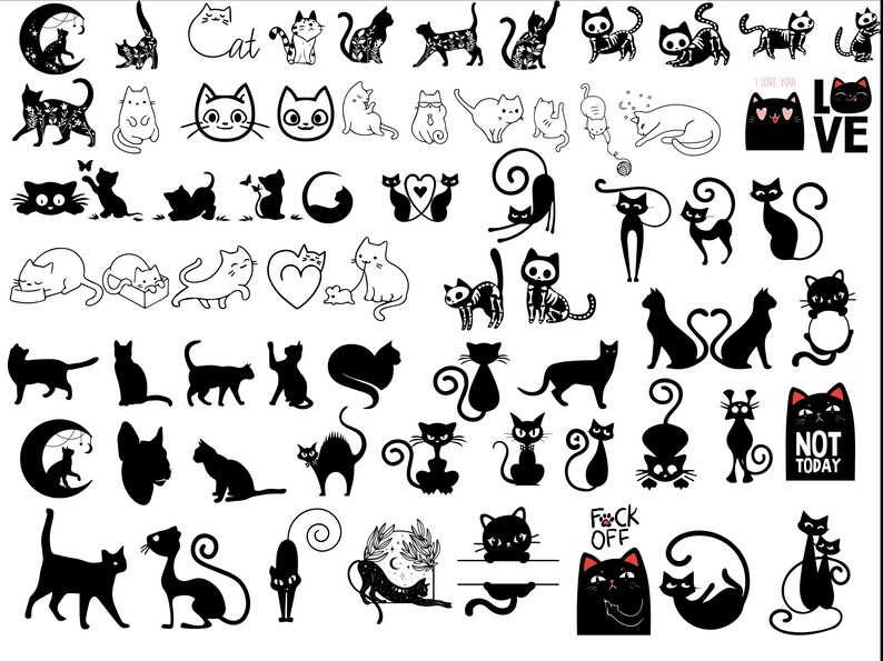 以下が含まれることがあります： 様々なポーズとスタイルの白黒の猫のイラストの集まりです。猫の中には首輪をしているもの、ハートを持っているもの、毛糸玉を持っているものがあります。画像の上部には黒い文字で「猫」と書かれています。猫の中には「愛してる」や「今日はダメ」などの文字が書かれているものもあります。