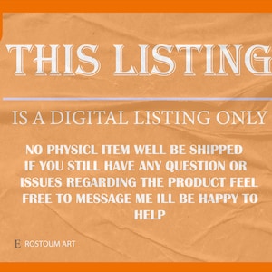 K&ouml;nnte beinhalten: Oranger Hintergrund mit dem Text "THIS LISTING IS A DIGITAL LISTING ONLY". Der Text ist in einer Serifenschrift. Der Text besagt auch, dass kein physischer Artikel versendet wird. Der Text besagt auch, den Verk&auml;ufer bei Fragen zu kontaktieren.