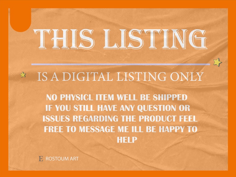 K&ouml;nnte beinhalten: Oranger Hintergrund mit dem Text "THIS LISTING IS A DIGITAL LISTING ONLY". Der Text ist in einer Serifenschrift. Der Text besagt auch, dass kein physischer Artikel versendet wird. Der Text besagt auch, den Verk&auml;ufer bei Fragen zu kontaktieren.