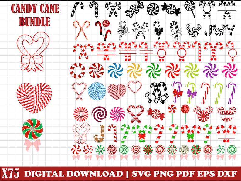 K&ouml;nnte beinhalten: Ein digitales Download-Paket mit 75 SVG-, PNG-, PDF-, EPS- und DXF-Dateien von Zuckerstangen. Die Bilder zeigen verschiedene Designs von Zuckerstangen, Zuckerstangenherzen und Zuckerstangen-Lollies.