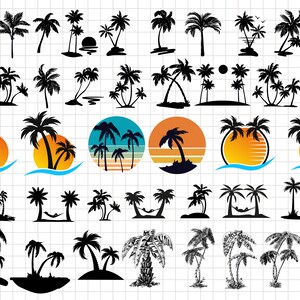 Puede incluir: Una colecci&oacute;n de ilustraciones de palmeras en silueta negra. Algunos palmeras est&aacute;n aislados, mientras que otros se colocan sobre un fondo de puesta de sol o oc&eacute;ano. Las ilustraciones son perfectas para usar en dise&ntilde;os digitales o impresos.