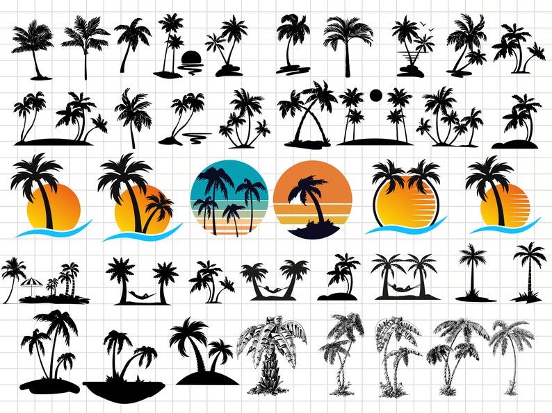 Puede incluir: Una colecci&oacute;n de ilustraciones de palmeras en silueta negra. Algunos palmeras est&aacute;n aislados, mientras que otros se colocan sobre un fondo de puesta de sol o oc&eacute;ano. Las ilustraciones son perfectas para usar en dise&ntilde;os digitales o impresos.