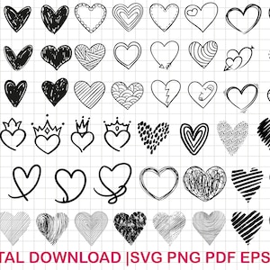 May include: A set of 40 black and white hand-drawn heart illustrations. The hearts are in various styles, including simple outlines, filled-in shapes, and intricate designs. The hearts are perfect for use in digital scrapbooking, card making, and other creative projects.