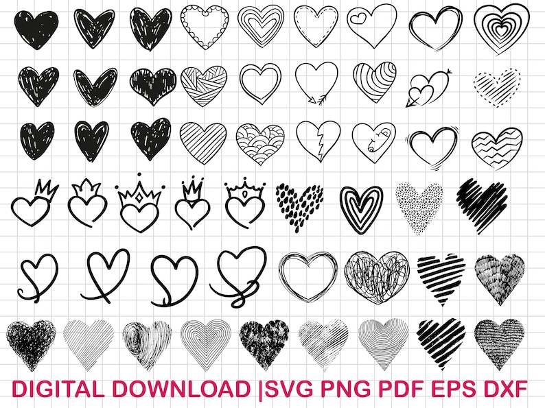 May include: A set of 40 black and white hand-drawn heart illustrations. The hearts are in various styles, including simple outlines, filled-in shapes, and intricate designs. The hearts are perfect for use in digital scrapbooking, card making, and other creative projects.