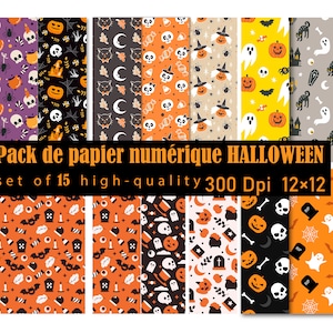 May include: A set of 15 digital Halloween paper patterns featuring various spooky and cute designs. The patterns include pumpkins, ghosts, bats, skulls, candy, and other Halloween-themed elements. The patterns are 12x12 inches and 300 DPI.