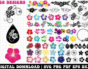 May include: 68 digital designs featuring hibiscus flowers in various colors and styles. The designs include single flowers, flower arrangements, and floral wreaths. The designs are perfect for crafting, scrapbooking, and other creative projects.