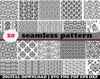 May include: A set of 20 black and white seamless patterns featuring intricate floral and damask designs. The patterns are ideal for use in digital and print projects.