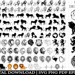 ライオン SVG バンドル、ライオン SVG、ライオン ヘッド SVG、ライオン シルエット、ライオン png、ライオン ベクター、ライオン クリップアート、ライオン カット ファイル、ライオン キング SVG、マスコット シャツ。