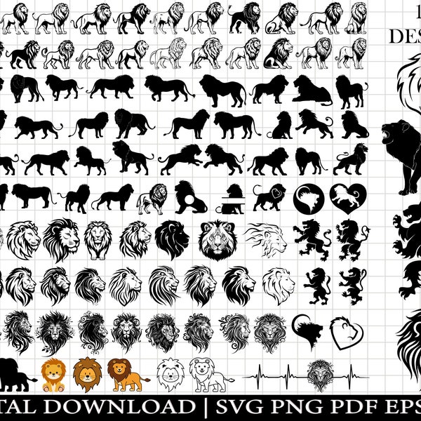 Pacchetto Lion SVG, Lion Svg, Testa di leone svg, Lion Silhouettes, Lion png, Lion vector, Lion Clipart, Lion Cut File, Lion King svg, Mascot Shirt.