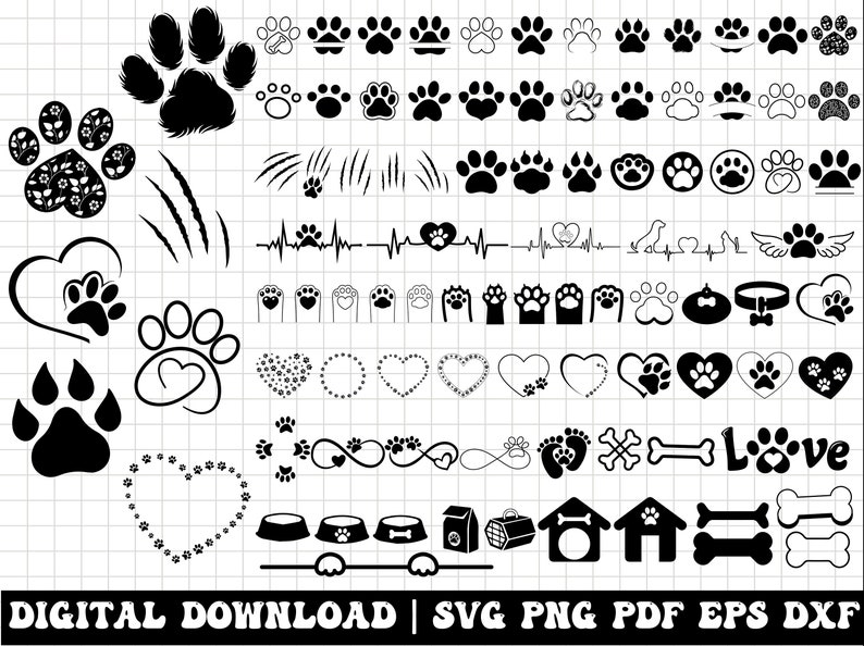 Pu&ograve; includere: Una collezione di grafiche in bianco e nero a tema cani, tra cui impronte di zampe, cuori, ossa di cane e una cuccia. I disegni sono adatti per il download digitale e progetti di artigianato.
