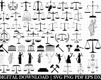 Puede incluir: Una descarga digital de 50 archivos SVG, PNG, PDF, EPS y DXF en blanco y negro que representan una balanza de la justicia. Las imágenes presentan diferentes diseños de balanzas, incluyendo aquellas con una pancarta, una corona y una dama sosteniendo una balanza. Las imágenes son perfectas para manualidades, scrapbooking y otros proyectos creativos.