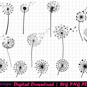 May include: A set of 12 black and white dandelion silhouette designs. The dandelions are in various stages of seed dispersal, with some having seeds floating away.