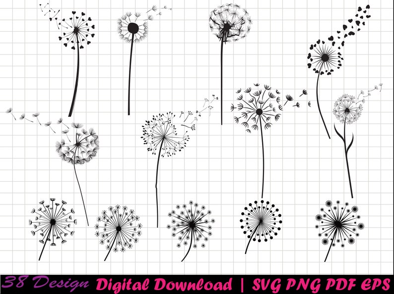 May include: A set of 12 black and white dandelion silhouette designs. The dandelions are in various stages of seed dispersal, with some having seeds floating away.