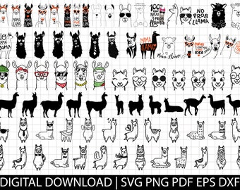 Peut inclure: Un téléchargement numérique de 60 illustrations de lamas en noir et blanc. Les lamas sont dans diverses poses, portant des chapeaux, des lunettes de soleil et des écharpes. Certains lamas ont du texte sur eux, comme "No Drama Llama" et "Mama Llama".
