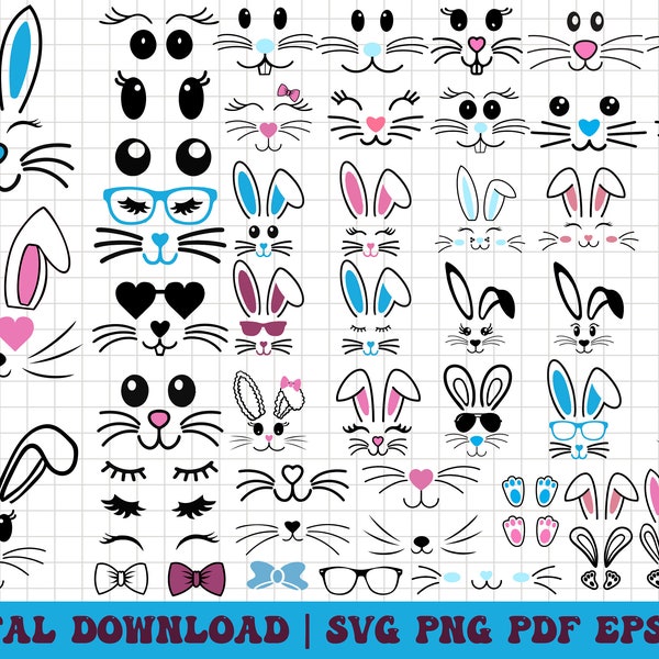 Bunny Face Svg, Easter Svg, Bunny Face Set Easter, Bunny Easter Svg, Easter Bunny Svg, Easter Bunny Svg, Bunny Cut Files for Cricut