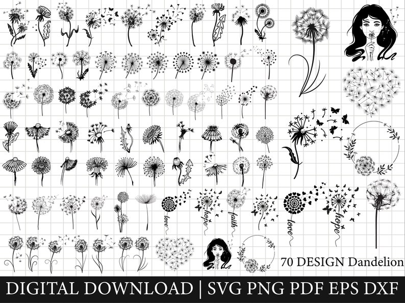 May include: A digital download of 70 black and white dandelion designs. The designs include various styles of dandelions, including some with hearts, butterflies, and the words "love", "hope", and "faith".
