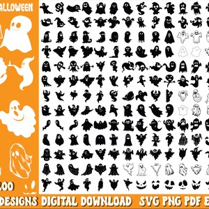 Könnte beinhalten: Eine digitale Sammlung von 200 Geisterdesigns mit verschiedenen schwarzen Silhouetten und weißen Umrissen auf orangefarbenem Hintergrund. Der Text lautet HAPPY HALLOWEEN, X200, GHOST DESIGNS, DIGITAL DOWNLOAD, SVG PNG PDF EPS DXF in weißer Schrift.