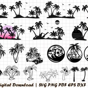 Puede incluir: Un conjunto de 20 archivos de corte SVG de silueta de palmera en blanco y negro. Las palmeras est&aacute;n en varias poses y tama&ntilde;os, incluyendo algunas con un sol y olas.