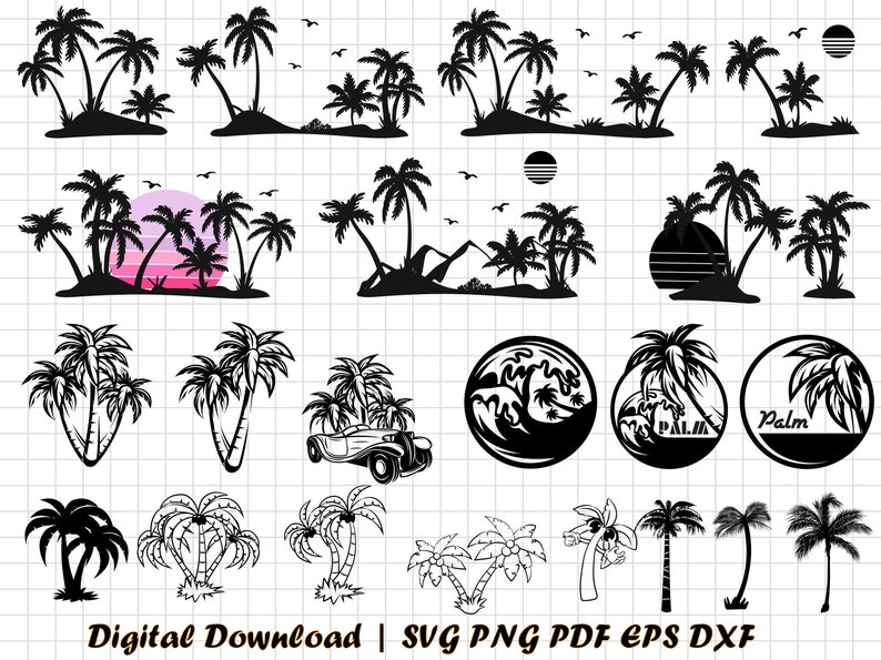 Puede incluir: Un conjunto de 20 archivos de corte SVG de silueta de palmera en blanco y negro. Las palmeras est&aacute;n en varias poses y tama&ntilde;os, incluyendo algunas con un sol y olas.