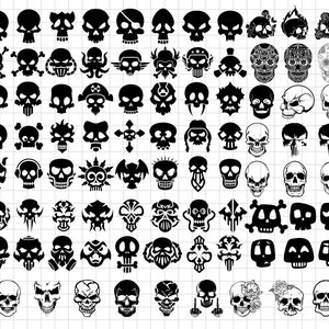 May include: A collection of 100 black and white skull illustrations. The skulls are in various styles, including simple, detailed, and stylized. Some skulls have crossbones, horns, or other decorative elements.