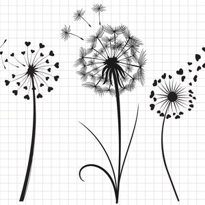 May include: Three black dandelion silhouettes with seeds blowing in the wind. The seeds are shaped like hearts. The dandelions are on a white background with a grid pattern.