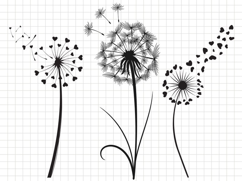 May include: Three black dandelion silhouettes with seeds blowing in the wind. The seeds are shaped like hearts. The dandelions are on a white background with a grid pattern.