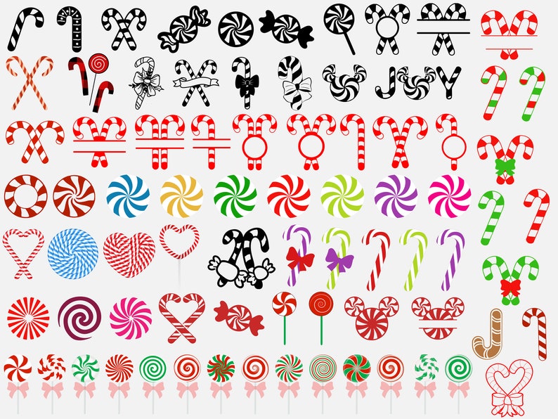 K&ouml;nnte beinhalten: Eine Sammlung von 50 verschiedenen Zuckerstangen- und Lutscherdesigns. Die Designs umfassen traditionelle rot-wei&szlig;e Zuckerstangen, Spiral-Lutscher, Zuckerstangen mit Schleifen und Zuckerstangen mit Herzen. Die Designs sind perfekt f&uuml;r die Verwendung in der Handwerkskunst, im Scrapbooking oder im digitalen Design.