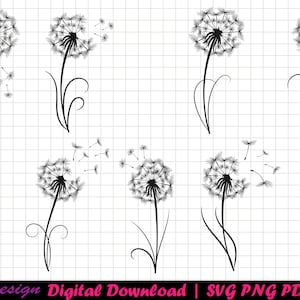 May include: A set of eight black and white dandelion illustrations. The dandelions are in various stages of bloom, with some having seeds that are blowing away in the wind.